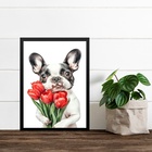 Quadro Cão Bulldog Francês Com Flores Vermelhas 33x24cm Moldu