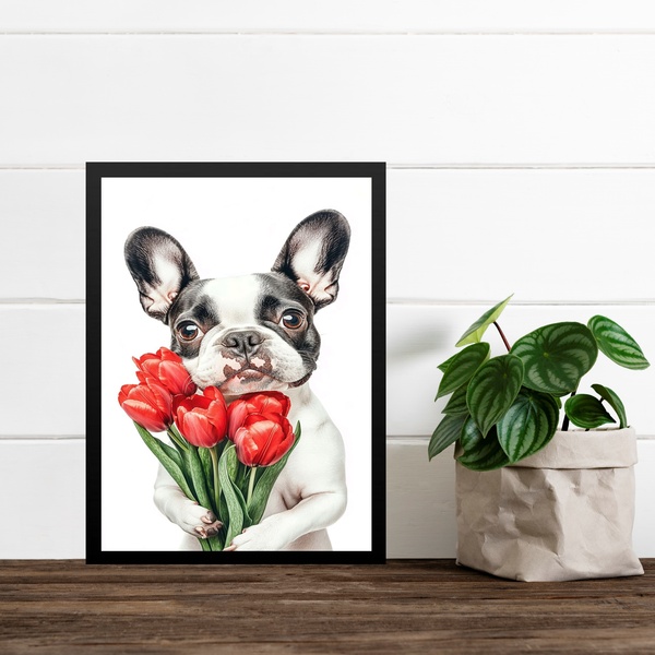Quadro Cão Bulldog Francês Com Flores Vermelhas 33x24cm Moldu