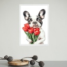 Quadro Cão Bulldog Francês Com Flores Vermelhas 33x24cm Moldu