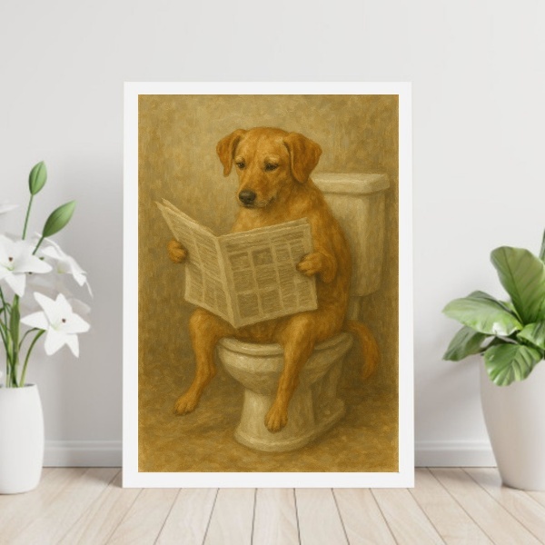 Quadro Cão Caramelo No Banheiro Lendo Jornal 45x34cm - Com Vi