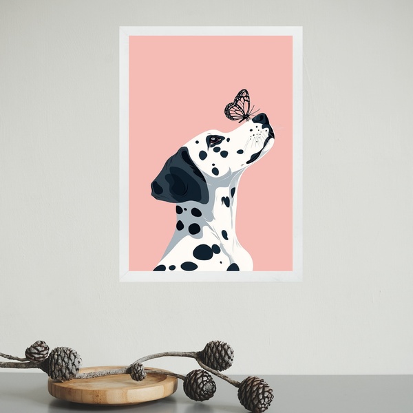 Quadro Cão Dalmata Com Borboleta 33x24cm Moldura Branca