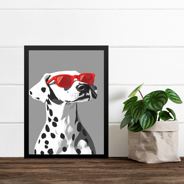 Quadro Cão Dalmata Com Óculos Vermelho 45x34cm - Com Vidro Mo