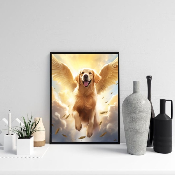 Quadro Cão Golden Retriever Com Asas 24x18cm - Com Vidro Mold