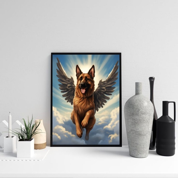 Quadro Cão Pastor Alemão Com Asas 33x24cm - Com Vidro Moldura