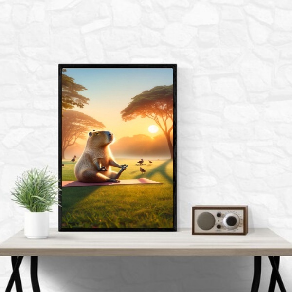 Quadro Capivara Fazendo Yoga 24x18cm Moldura Preta