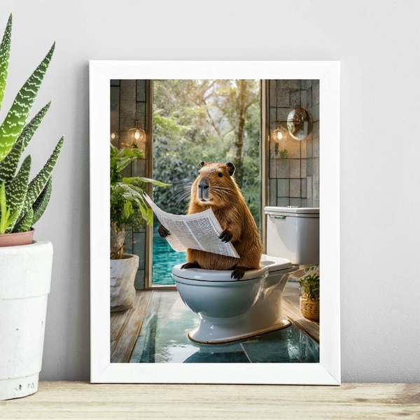 Quadro Capivara No Banheiro Lendo Jornal 45x34cm - Com Vidro