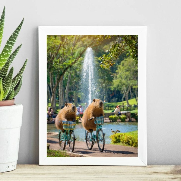 Quadro Capivaras Andando De Bicicleta 24x18cm - Com Vidro Mol