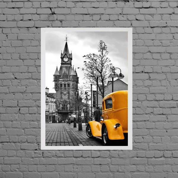 Quadro Carro Amarelo Londres 33x24cm Moldura:madeira Branca