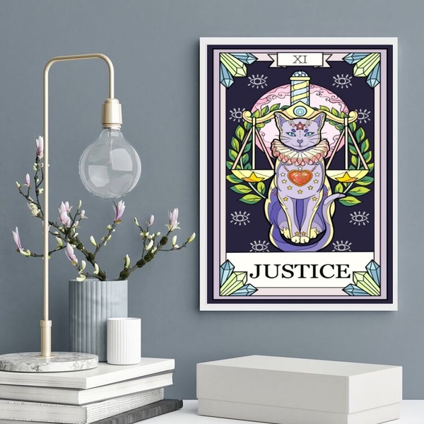 Quadro Carta Tarot Gato Justiça 33x24cm - Com Vidro Moldura:m