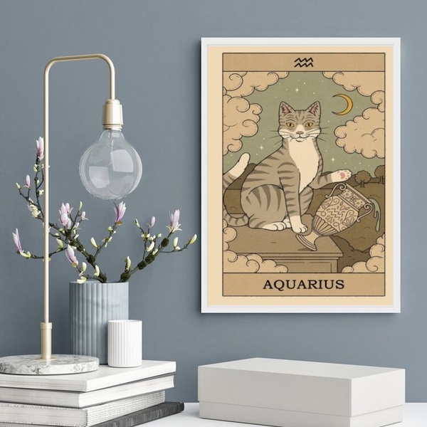 Quadro Carta Tarot Gato Signo Aquário 45x34cm Moldura:madeira
