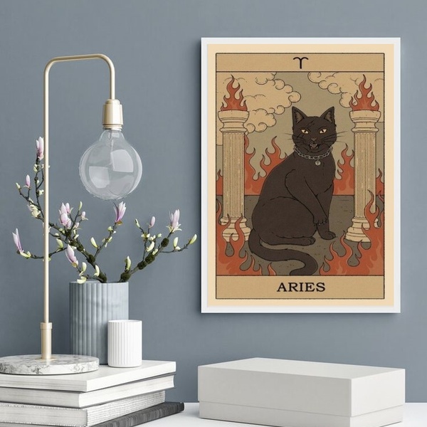 Quadro Carta Tarot Gato Signo Áries 45x34cm - Com Vidro Moldu