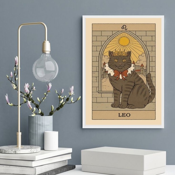 Quadro Carta Tarot Gato Signo Leão 45x34cm - Com Vidro Moldur