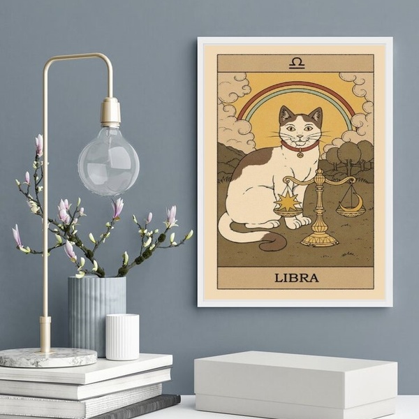Quadro Carta Tarot Gato Signo Libra 24x18cm - Com Vidro Moldu