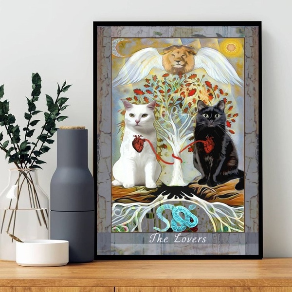 Quadro Carta Tarot Gato The Lovers 45x34cm Moldura:madeira Pr