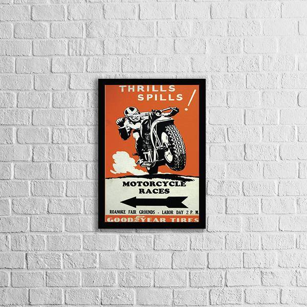 Quadro Cartaz Retrô Motorcycle Races 24x18cm Moldura:madeira