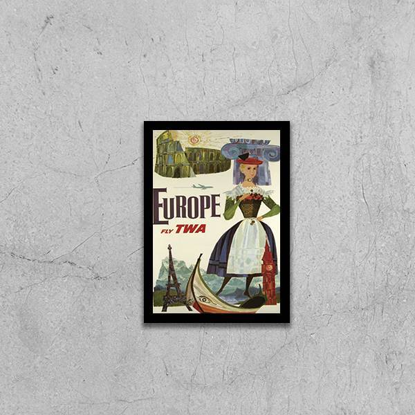 Quadro Cartaz Vintage Cia Aérea Europe 33x24cm - Com Vidro Mo