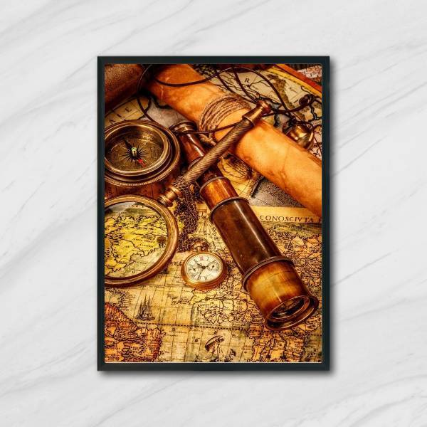 Quadro Cartografia Com Lupa E Luneta 33x24cm - Com Vidro Mold