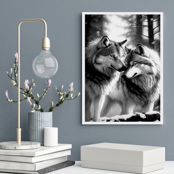 Quadro Casal De Lobos - Preto E Branco 33x24cm - Com Vidro Mo
