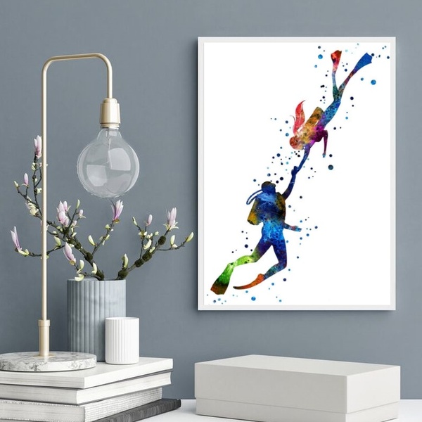 Quadro Casal De Mergulhadores - Aquarela 24x18cm - Com Vidro