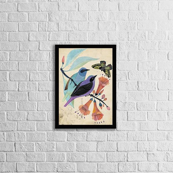 Quadro Casal De Passarinhos 45x34cm - Com Vidro Moldura:madei