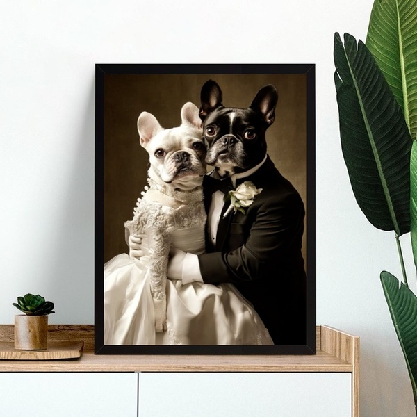 Quadro Casamento Bulldog Francês 33x24cm - Com Vidro Moldura
