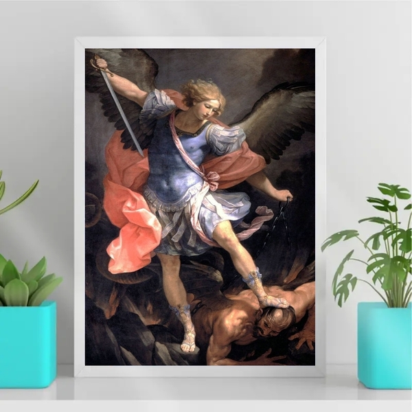 Quadro Católico São Miguel Arcanjo 33x24cm - Com Vidro Moldur