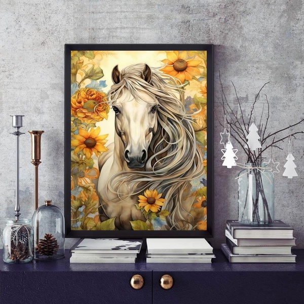 Quadro Cavalo Com Girassóis 45x34cm Moldura Branca