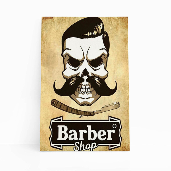 Quadro Caveira Barbearia Barber Shop Canvas 120x80cm