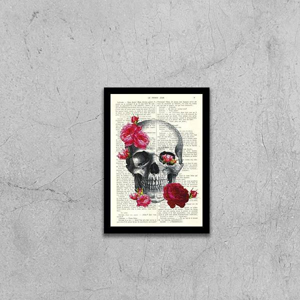 Quadro Caveira Com Flores 45x34cm - Com Vidro Moldura:madeira