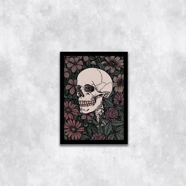 Quadro Caveira Com Fundo Floral 24x18cm Moldura:madeira Preta
