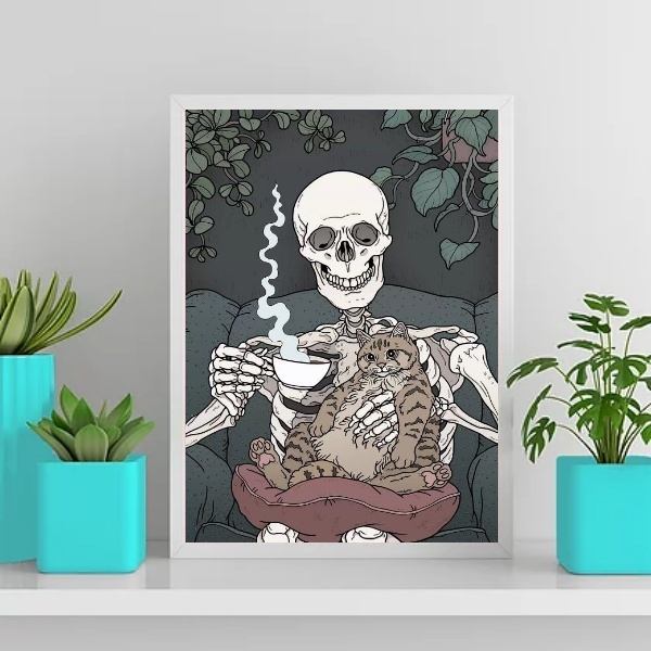 Quadro Caveira Com Gatinho Tomando Café 33x24cm Moldura:madei