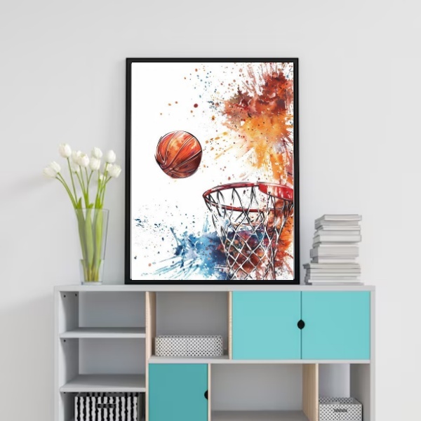 Quadro Cesta Basquete Aquarela 24x18cm Moldura Preta