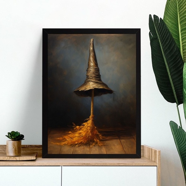Quadro Chapéu E Vassoura De Bruxa 45x34cm - Com Vidro Moldura