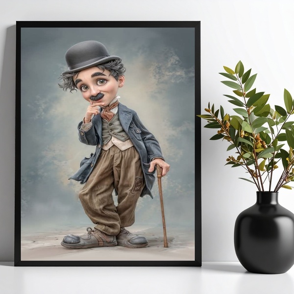 Quadro Charlie Chaplin - Caricatura 33x24cm - Com Vidro Moldu