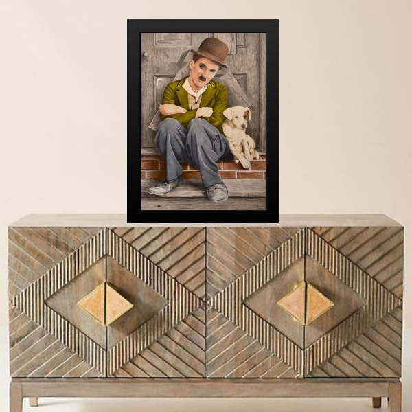 Quadro Charlie Chaplin Com Cachorrinho 45x34cm - Com Vidro Mo