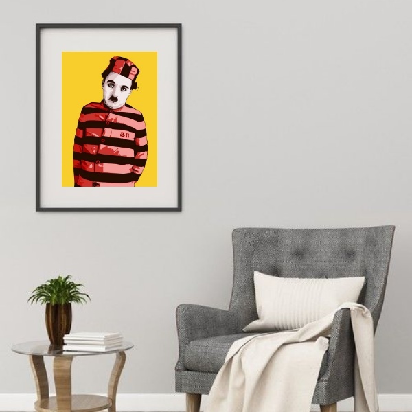 Quadro Charlie Chaplin Presidiário - 60x48cm Moldura Branca