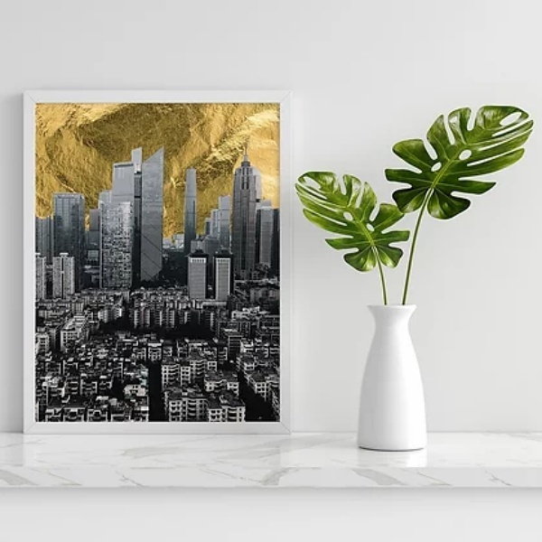 Quadro Cidade Cinza Com Céu Dourado 45x34cm - Com Vidro Moldu