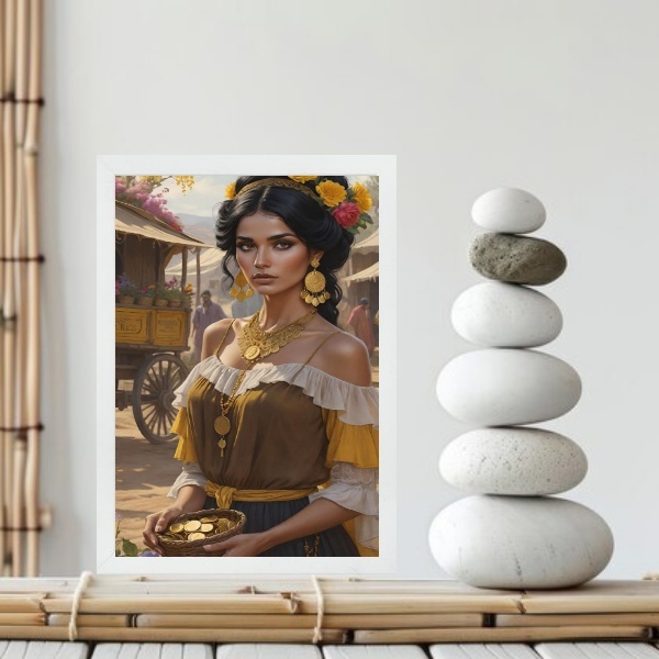 Quadro Cigana Sarita - Moedas De Ouro 24x18cm Moldura Branca
