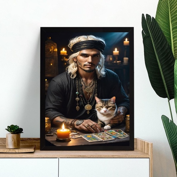 Quadro Cigano Com Gato - Tarot 45x34cm - Com Vidro Moldura Pr