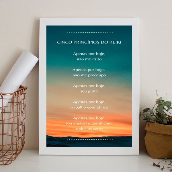 Quadro Cinco Princípios Do Reiki 45x34cm - Com Vidro Moldura: