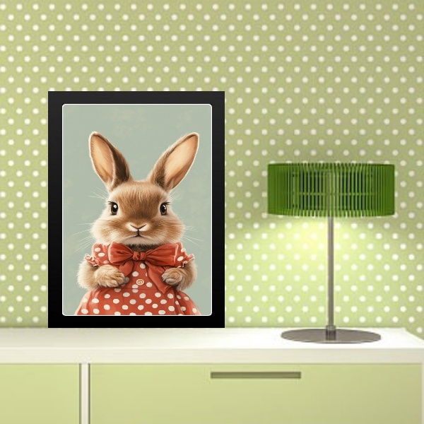 Quadro Coelhinha Vestido Poá Vermelho 33x24cm - Com Vidro Mol