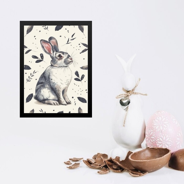 Quadro Coelhinho Vintage Cinza 33x24cm Moldura Preta