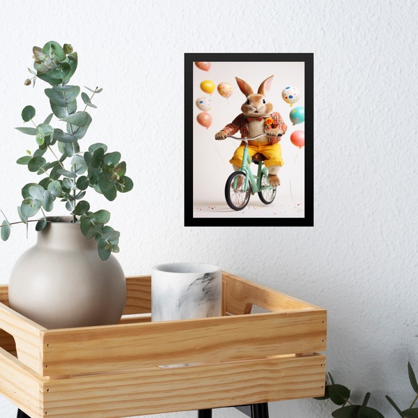 Quadro Coelho Da Páscoa - Bicicleta Balões 24x18cm - Com Vidr