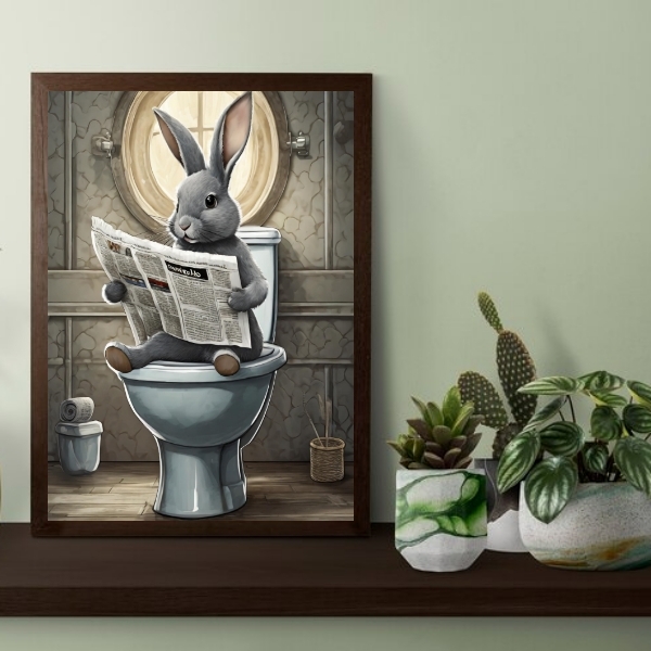 Quadro Coelho No Banheiro Lendo Jornal 33x24cm - Com Vidro Mo
