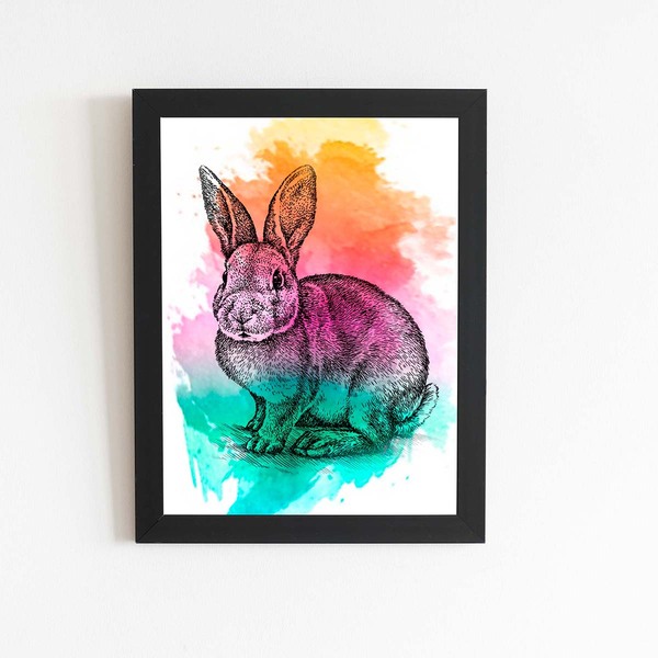 Quadro Coelho Pets Arte Animais Aquarela Moldura 60x40cm