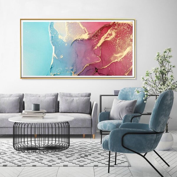 Quadro Com Moldura Chanfrada Abstrato Azul Com Rosa