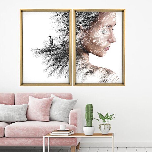 Quadro Com Moldura Chanfrada Efeito Árvore Mulher