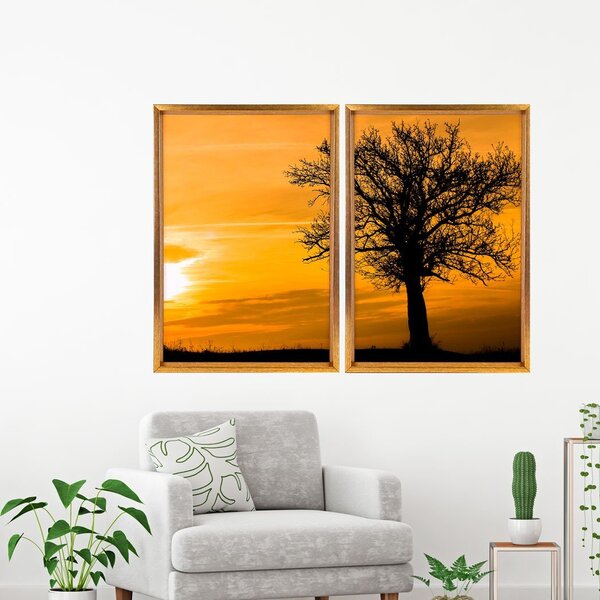 Quadro Com Moldura Chanfrada Por Do Sol Com Árvore