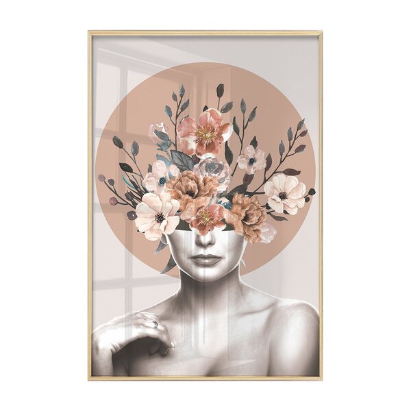 Quadro Com Vidro Decorativo Femino Rosa Mulher Abstrato Flores