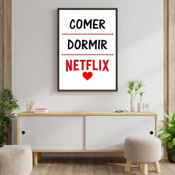 Quadro Comer, Dormir, Netflix 45x34cm - Com Vidro Moldura:mad